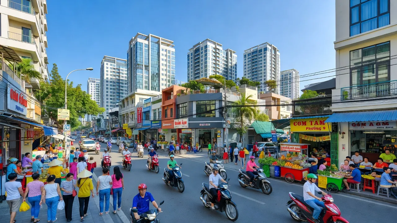 Khu vực nhộn nhịp Phường 9, Quận 6, Thành phố Hồ Chí Minh với tòa nhà và người dân