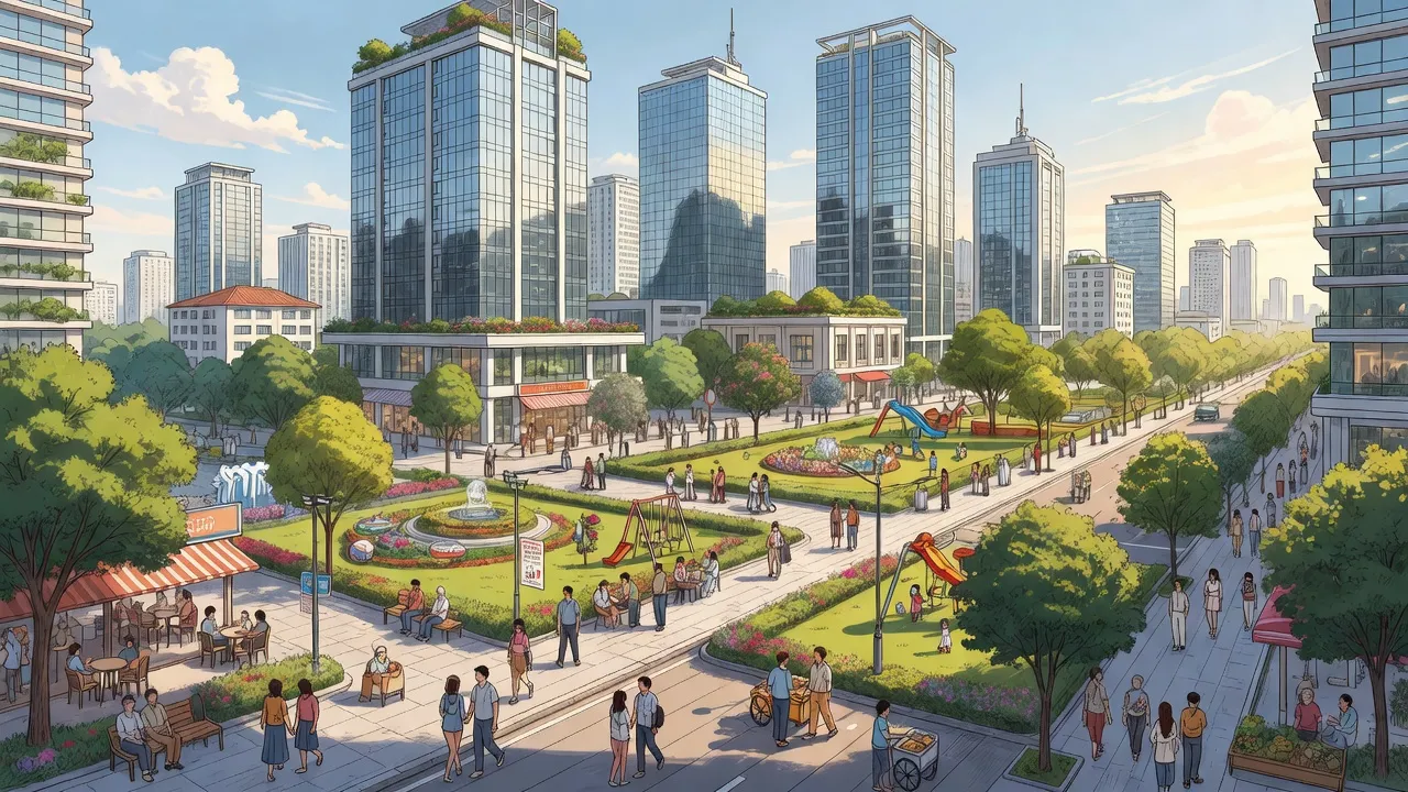 Quận 7, Thành phố Hồ Chí Minh với cảnh quan hiện đại, cây xanh và tòa nhà cao tầng.