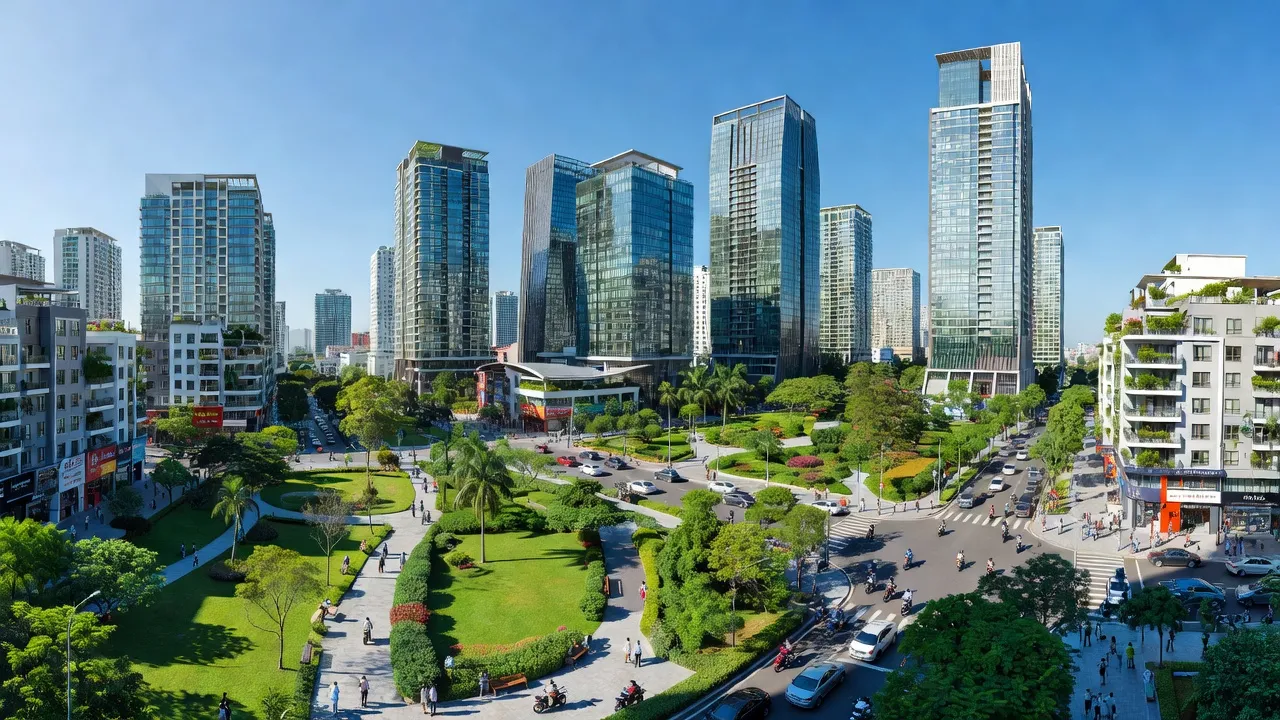 Quận 7, Thành phố Hồ Chí Minh, với đô thị hiện đại và không gian xanh, nhà cao tầng và khu vui chơi.