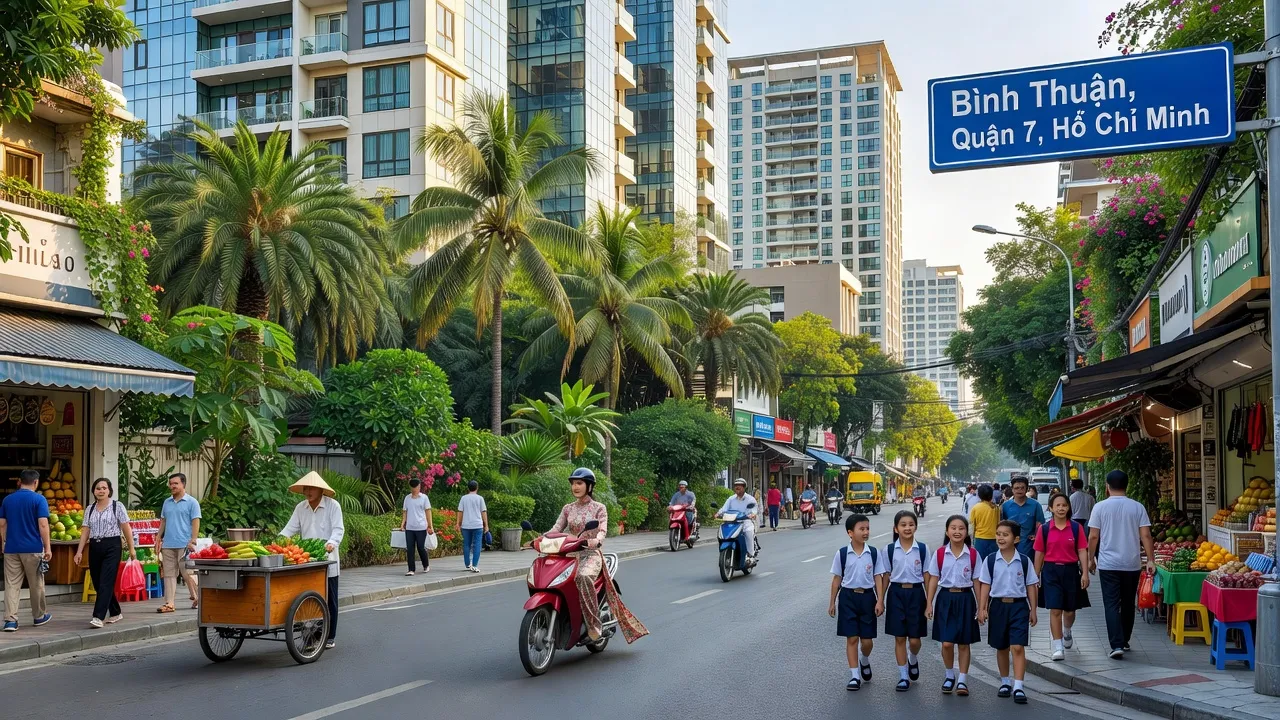 Đường phố sôi động tại phường Bình Thuận, Quận 7, Thành phố Hồ Chí Minh, với cuộc sống đô thị năng động.