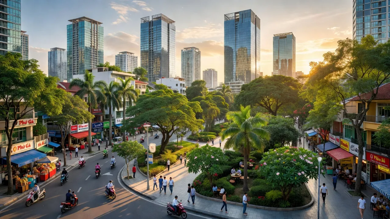 Phường Phú Thuận, Quận 7, Hồ Chí Minh với các tòa nhà hiện đại và không gian xanh.