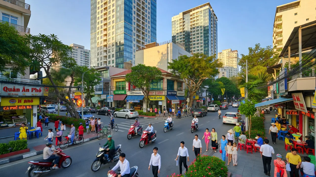 Phường Phú Thuận, Quận 7, Thành phố Hồ Chí Minh, nhộn nhịp với các tòa nhà hiện đại và đường phố sôi động.