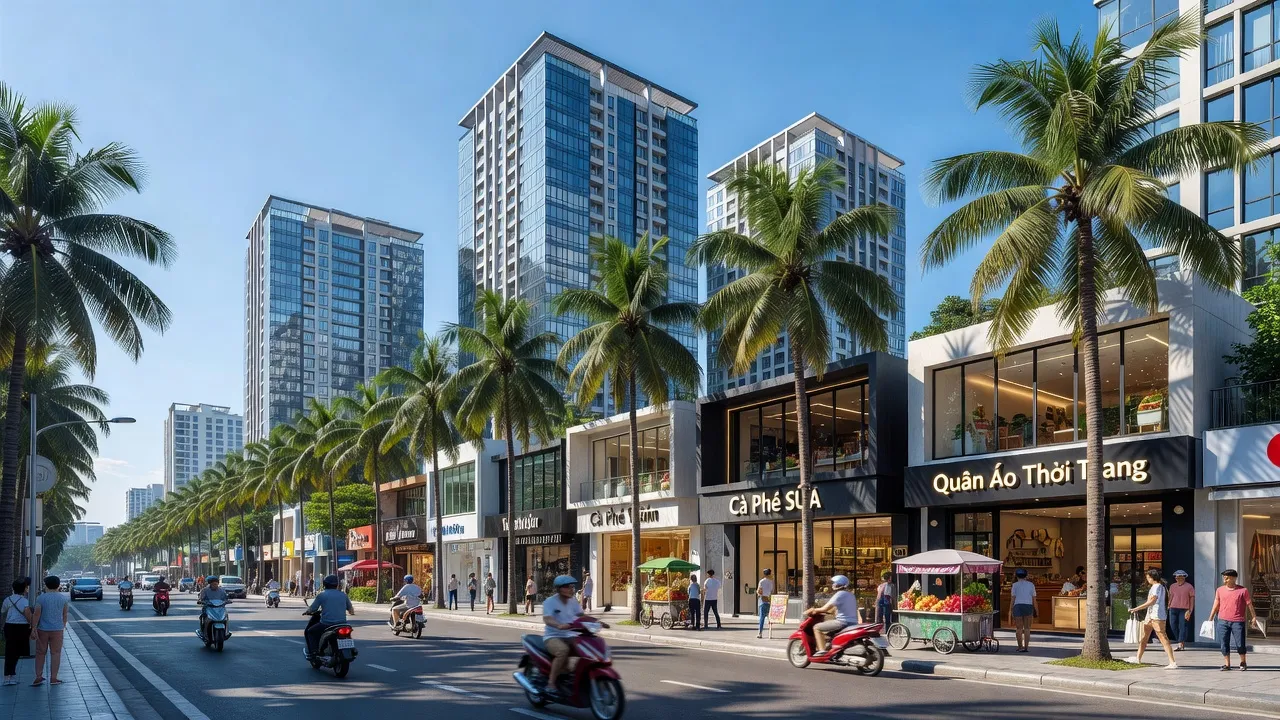 Cảnh đường phố nhộn nhịp tại Phường Tân Hưng, Quận 7, Thành phố Hồ Chí Minh với kiến trúc hiện đại.