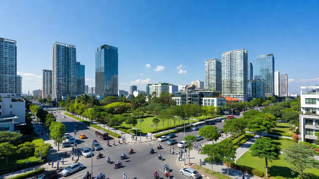 Cảnh quan hiện đại tại Phường Tân Hưng, Quận 7, Thành phố Hồ Chí Minh, với tòa nhà và cây xanh.