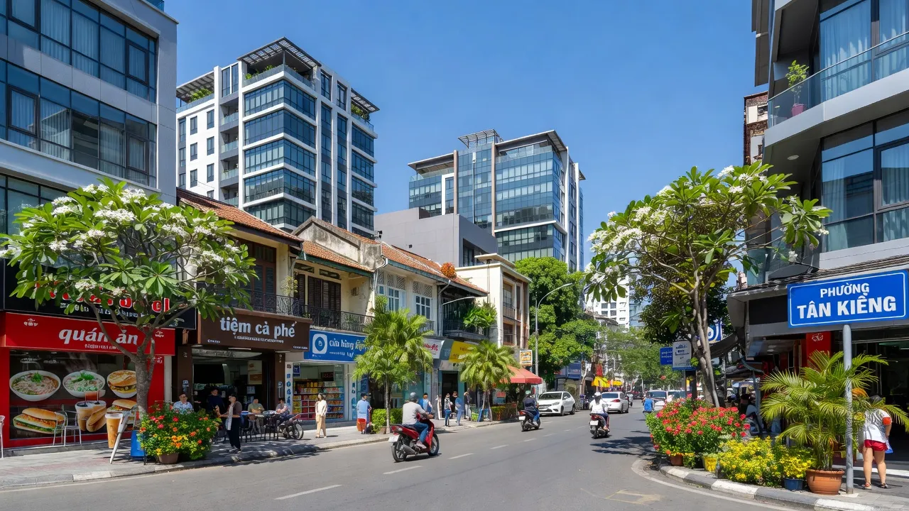 Cảnh đường phố sôi động tại Phường Tân Kiểng, Quận 7, Thành phố Hồ Chí Minh, với kiến trúc hiện đại.