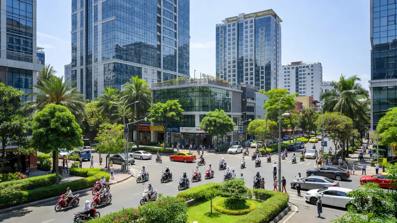 Khung cảnh nhộn nhịp ở Phường Tân Phú, Quận 7, Thành phố Hồ Chí Minh với kiến trúc hiện đại.