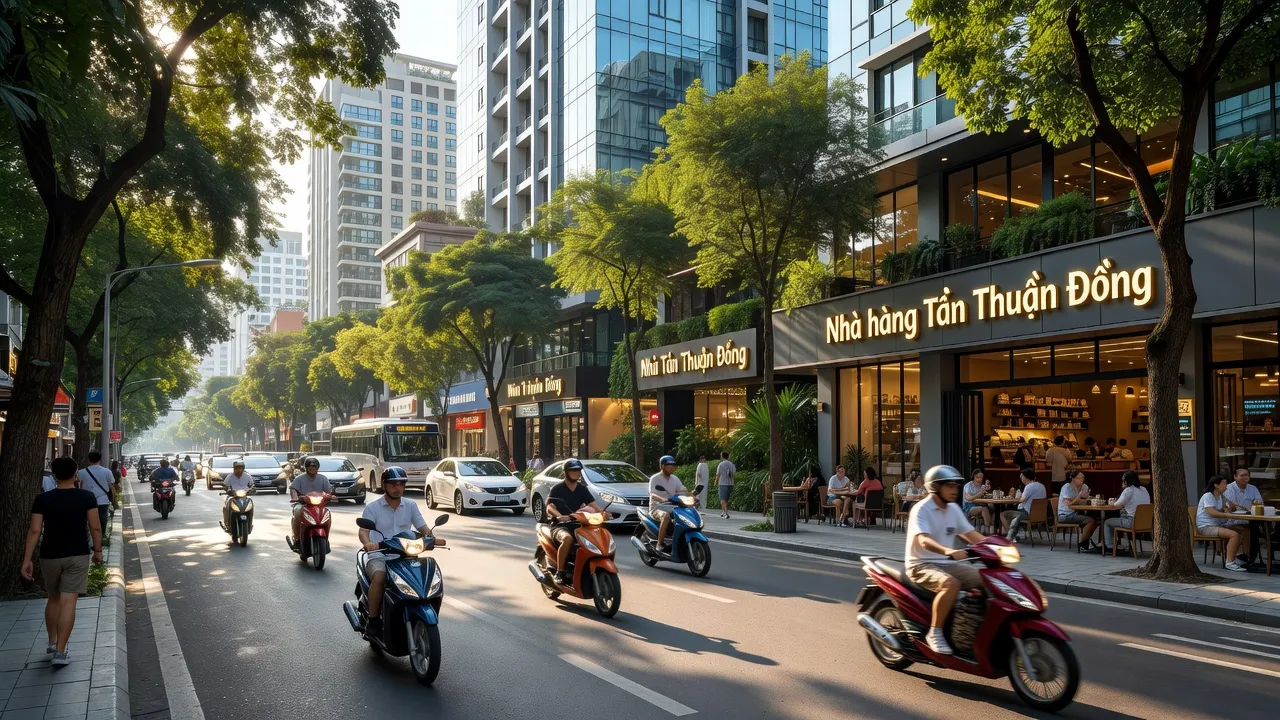 Cảnh quan Phường Tân Thuận Đông, Quận 7, Thành phố Hồ Chí Minh với đường phố và cây xanh, nhộn nhịp.