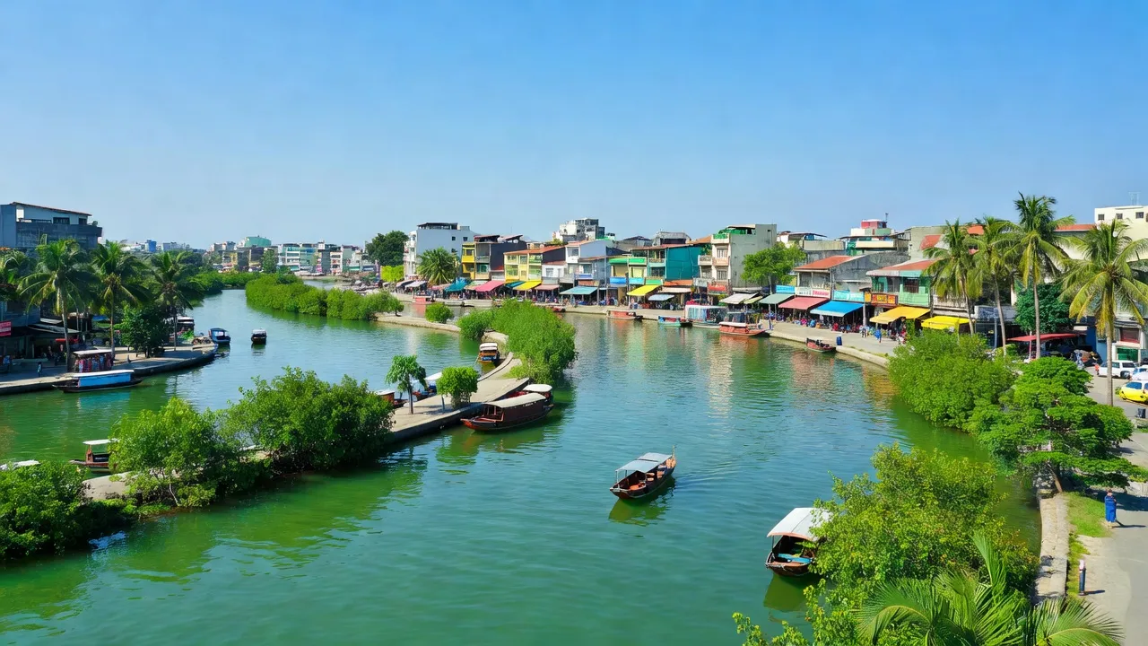 Khung cảnh Phường 4, Quận 8, Hồ Chí Minh với kênh rạch xanh, nhà cửa và bầu trời sáng.