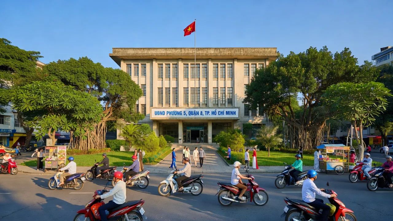 Khung cảnh đô thị nhộn nhịp ở Phường 5, Quận 8, Thành phố Hồ Chí Minh với các tòa nhà chính phủ.