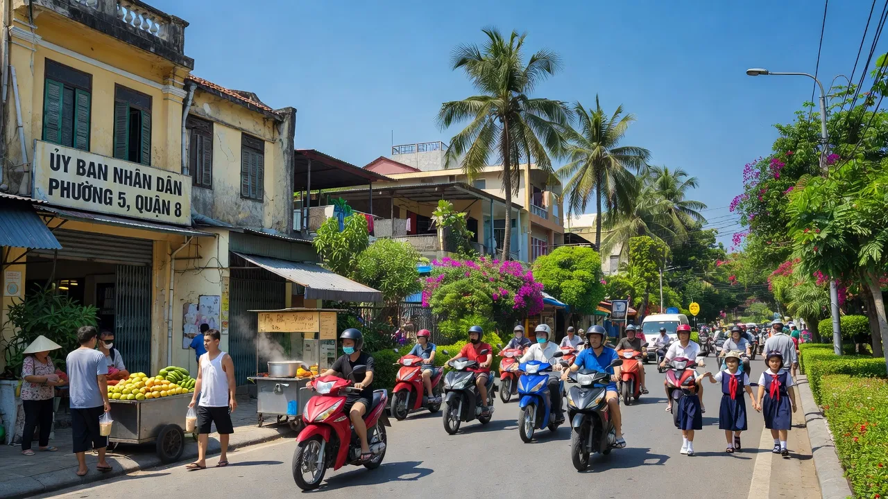 Street view in Phường 5, Quận 8, Thành phố Hồ Chí Minh with bustling local life and administrative buildings.