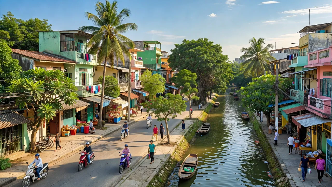 Phường 6, Quận 8, Thành phố Hồ Chí Minh với nhà cửa, cây xanh, và kênh rạch, đậm chất đô thị.
