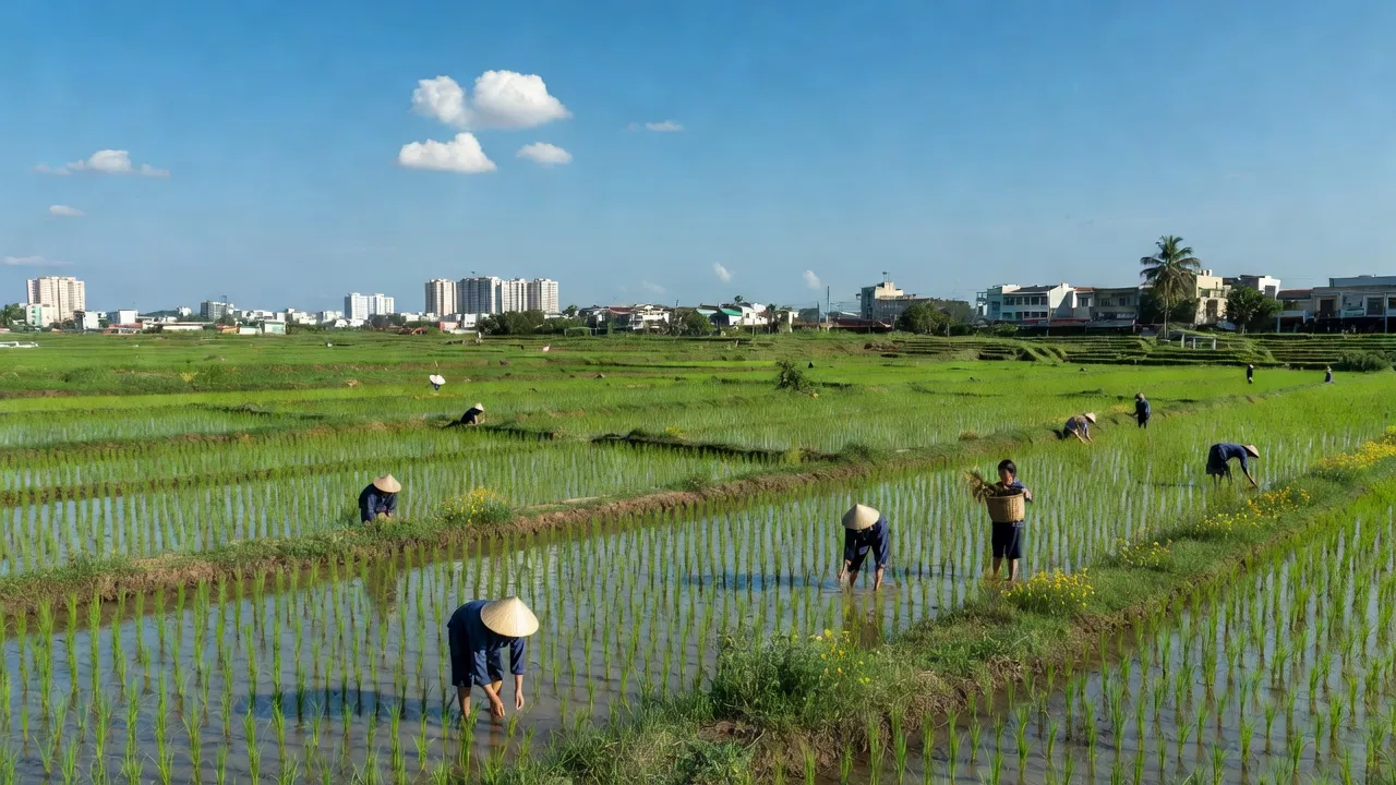 Phong cảnh nông nghiệp Phường 7, Quận 8, Hồ Chí Minh với cánh đồng lúa xanh tươi.