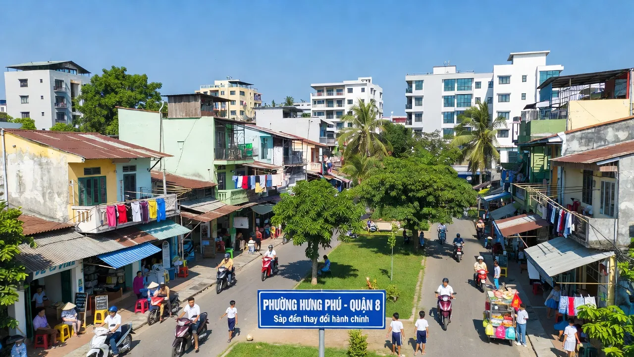 Khung cảnh Phường Hưng Phú, Quận 8, với kiến trúc đô thị và không gian xanh.