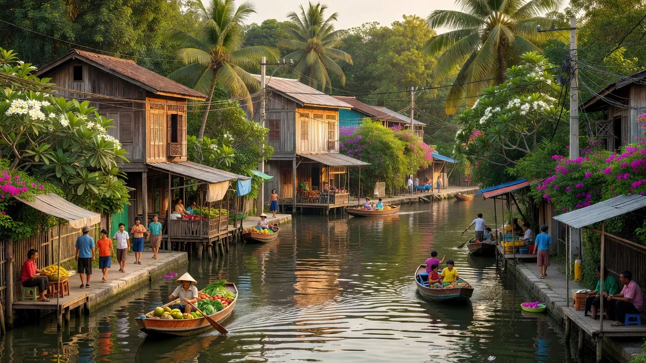 Khung cảnh Phường Rạch Ông, Quận 8, Hồ Chí Minh với kênh rạch và nhà truyền thống.