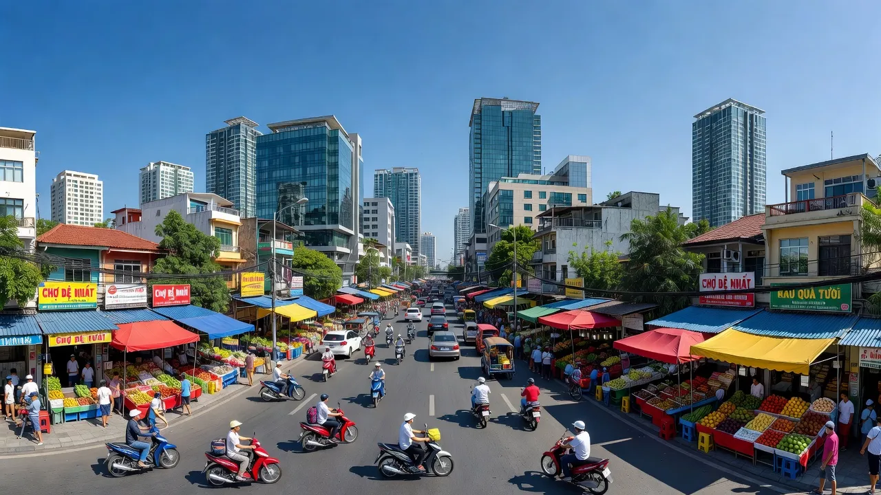 Quận Bình Tân, Thành phố Hồ Chí Minh với phố xá sầm uất và bầu trời trong xanh.