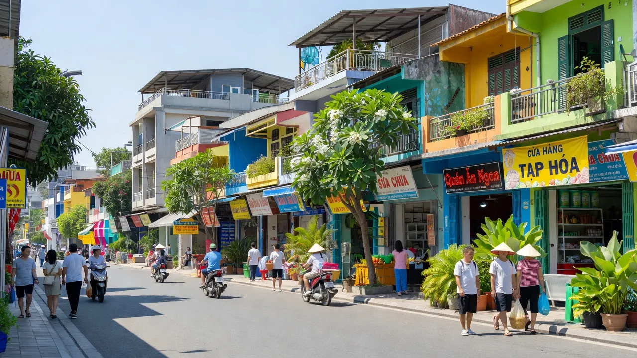 Khu phố hiện đại ở Phường An Lạc A, Quận Bình Tân, với cây xanh và cửa hàng địa phương.
