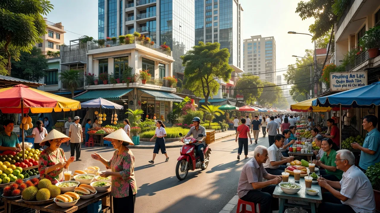 Khung cảnh nhộn nhịp ở Phường An Lạc, Quận Bình Tân với cư dân và hạ tầng phát triển.