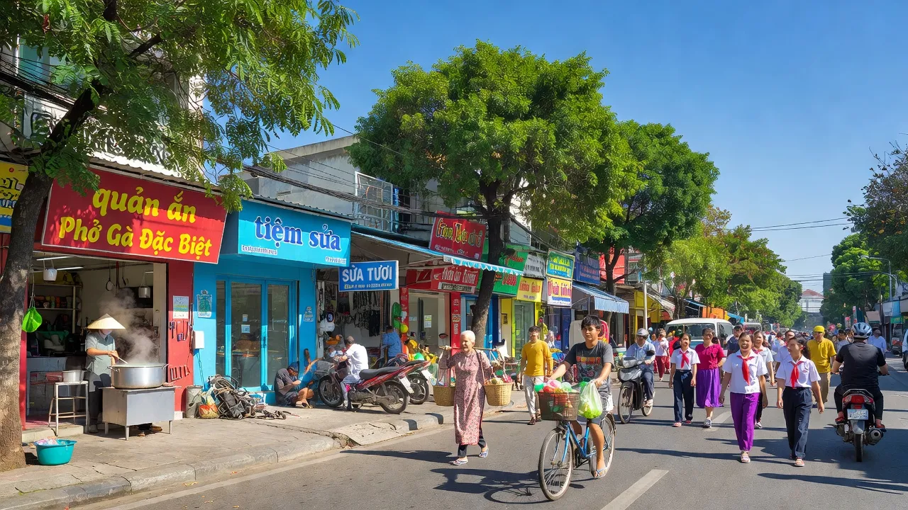 Khung cảnh sống động ở phường Bình Hưng Hoà A, Quận Bình Tân, Thành phố Hồ Chí Minh với các cửa hàng địa phương.