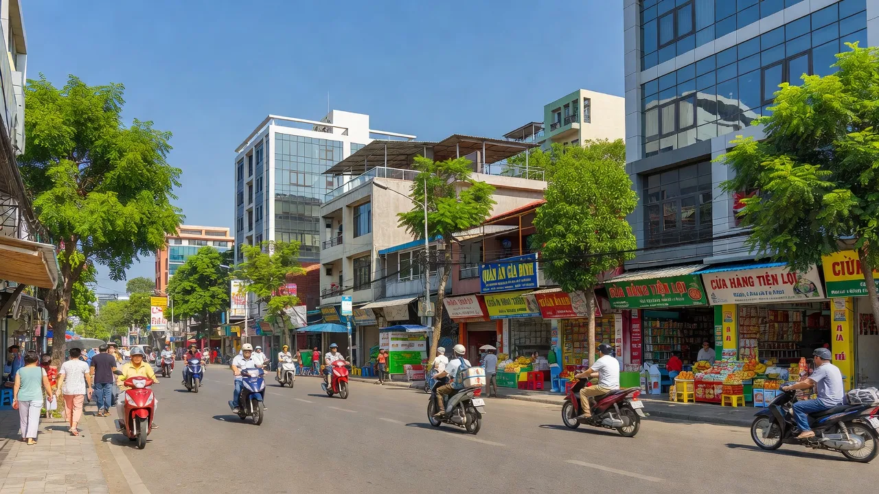 Cảnh sống động tại Phường Bình Hưng Hoà B, Quận Bình Tân, Thành phố Hồ Chí Minh, với cây xanh và nhà cửa hiện đại.