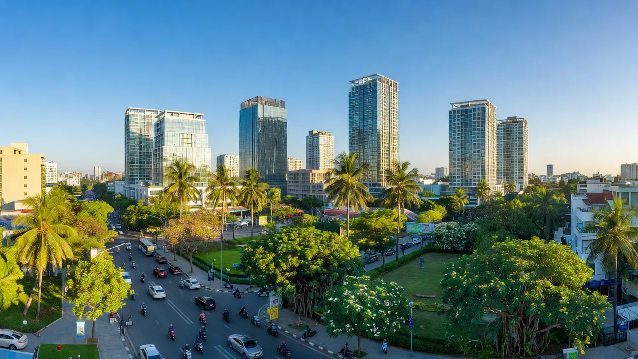 Phường Bình Hưng Hoà B, Quận Bình Tân với cảnh quan đô thị, tòa nhà hiện đại và bầu trời xanh.