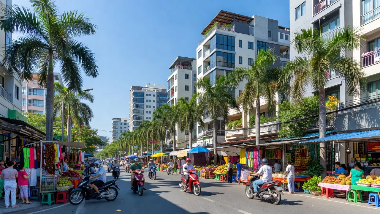 Cảnh phố sôi động tại Bình Hưng Hòa, Quận Bình Tân, Thành phố Hồ Chí Minh với người dân và kiến trúc hiện đại.