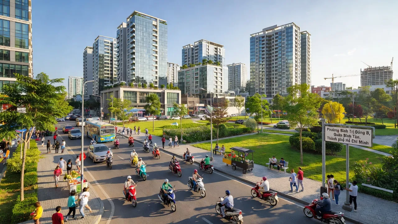 Khu dân cư Phường Bình Trị Đông B Quận Bình Tân, Thành phố Hồ Chí Minh với đường phố nhộn nhịp.