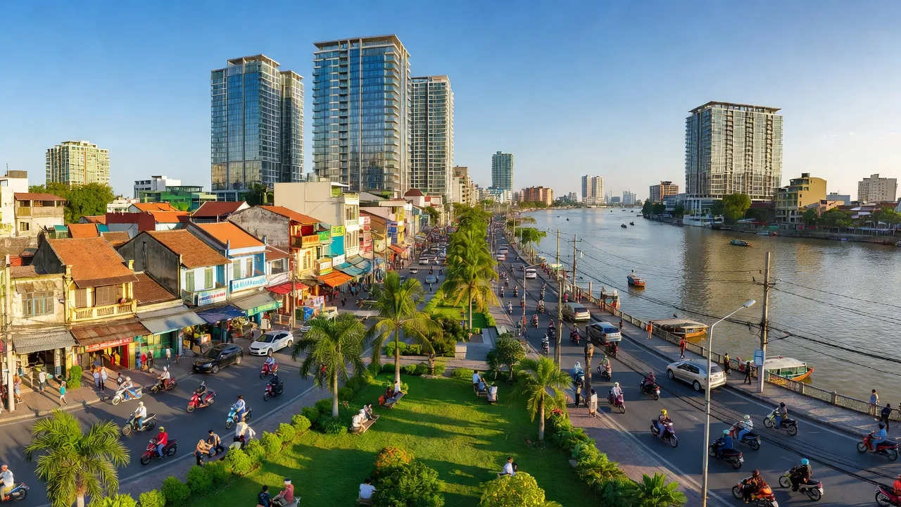 Quận Bình Thạnh, Thành phố Hồ Chí Minh, cảnh quan hiện đại bên sông Sài Gòn, kết hợp cây xanh và kiến trúc.