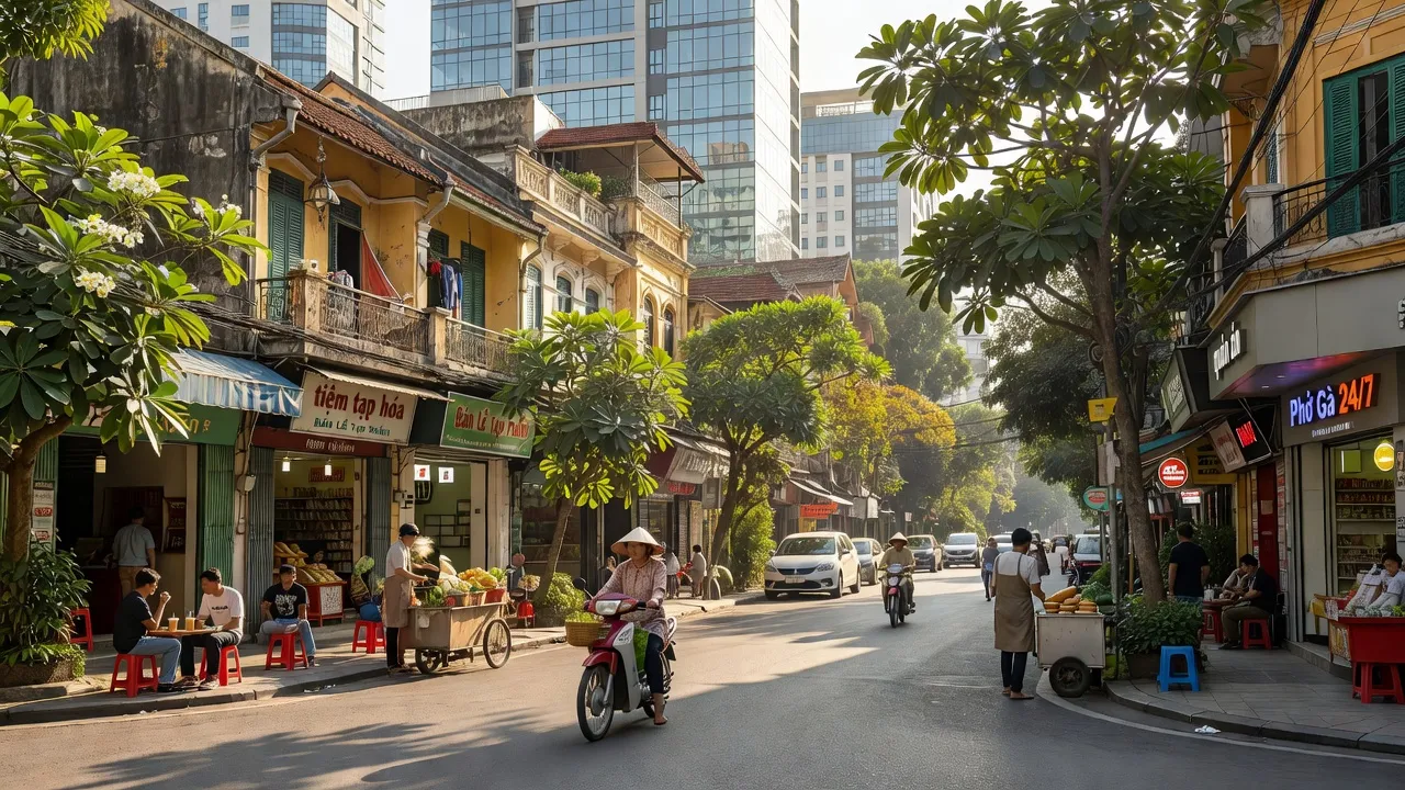 Góc nhìn đường phố Phường 1, Quận Bình Thạnh, Thành phố Hồ Chí Minh, với hàng cây và hoạt động nhộn nhịp.