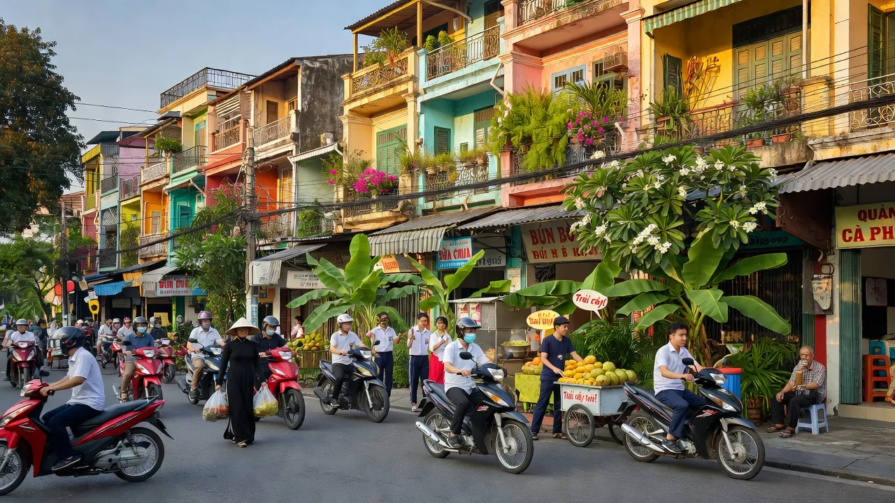Khung cảnh sôi động tại Phường 1, Quận Bình Thạnh, với kiến trúc địa phương và hoạt động nhộn nhịp.