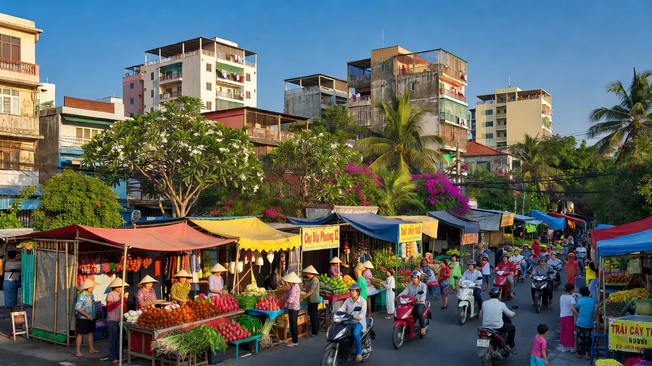 Khung cảnh nhộn nhịp tại Phường 12, Bình Thạnh, Thành phố Hồ Chí Minh với chợ và cây cối.