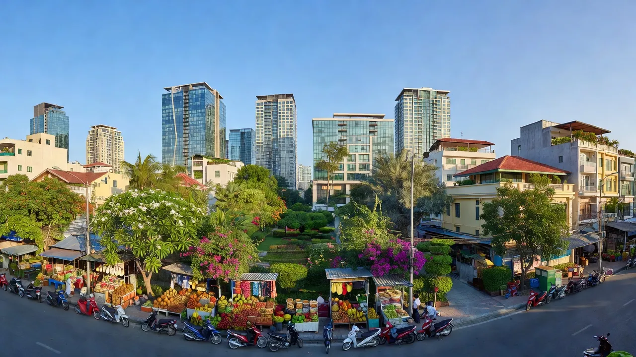 Khung cảnh Phường 12, Quận Bình Thạnh, Thành phố Hồ Chí Minh với nhà cửa và cây cối xanh.