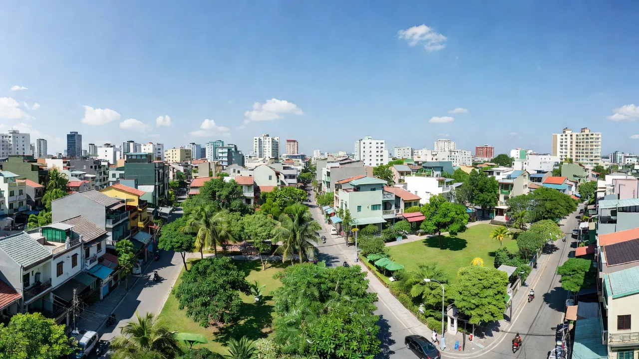 Khung cảnh bình yên ở Phường 13, Quận Bình Thạnh, Thành phố Hồ Chí Minh với khu dân cư và cây xanh.