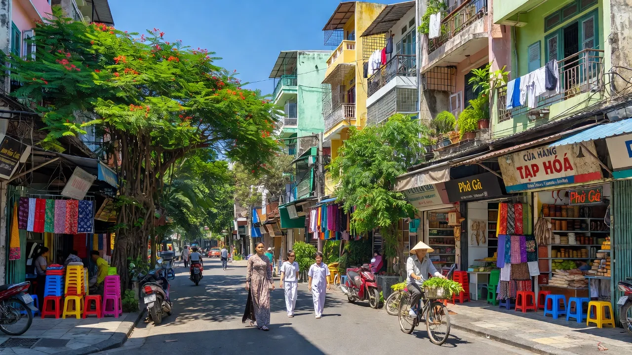 Cảnh phố nhộn nhịp tại Phường 19, Quận Bình Thạnh, Thành phố Hồ Chí Minh với nhiều người và cây xanh.