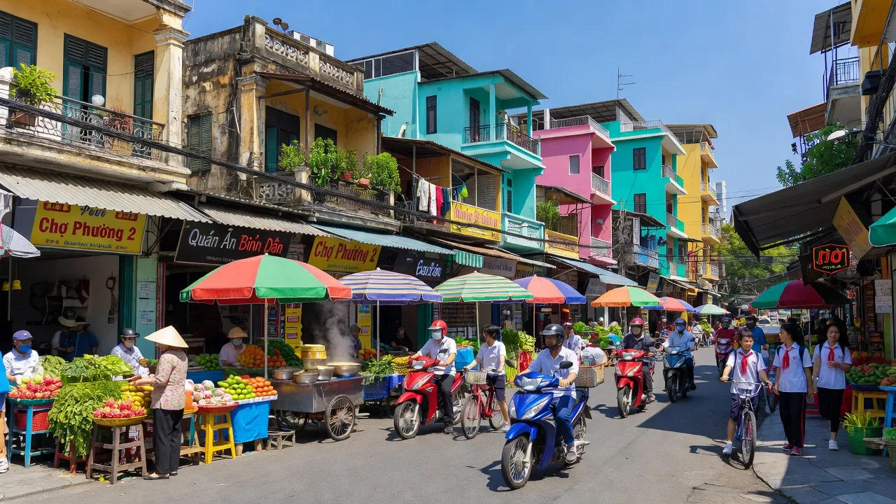Khung cảnh sôi động tại Phường 2, Quận Bình Thạnh, với kiến trúc địa phương và hoạt động thường nhật.