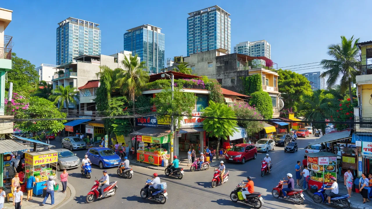 Phường 22, Quận Bình Thạnh, Hồ Chí Minh with busy streets, modern architecture, and lush greenery.