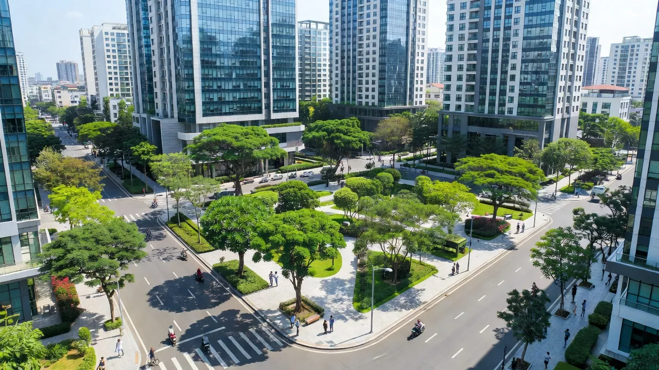 Khung cảnh đô thị Phường 27, Bình Thạnh với tòa nhà hiện đại và không gian xanh, Thành phố Hồ Chí Minh.