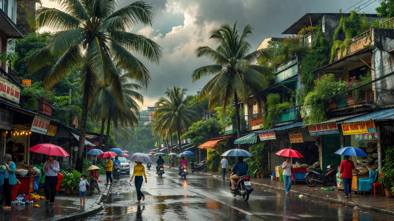 Cảnh phố nhộn nhịp tại Phường 7, Bình Thạnh, với người dân và thời tiết nhiệt đới.