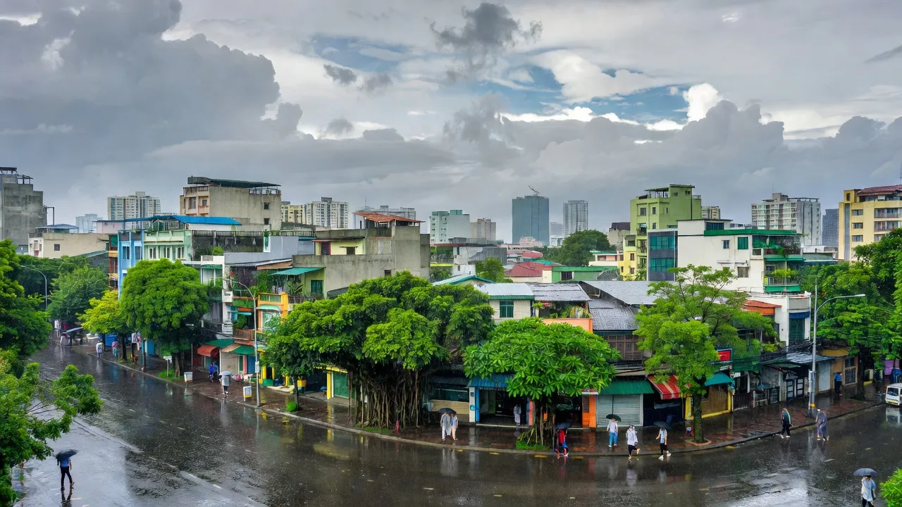 Phường 7, Bình Thạnh, Hồ Chí Minh với tòa nhà, cây xanh, bầu trời nhiều mây và dấu hiệu mùa mưa.