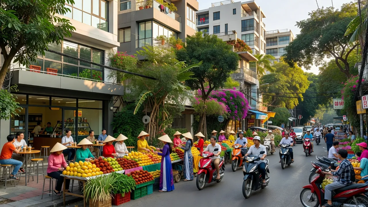 Khung cảnh sôi động tại Quận Gò Vấp, Thành phố Hồ Chí Minh với thị trường và cây xanh.