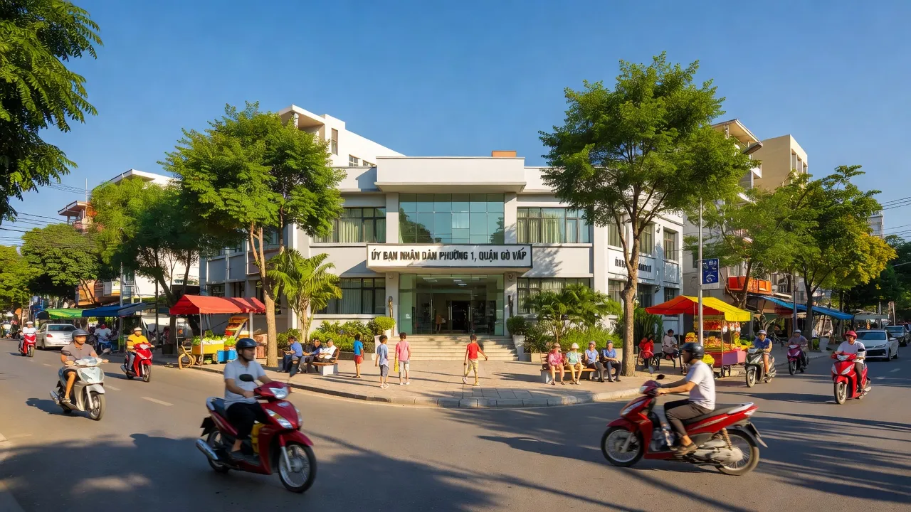 Cảnh sắc Phường 1, Quận Gò Vấp, Hồ Chí Minh, với trụ sở Ủy ban và hoạt động cộng đồng.