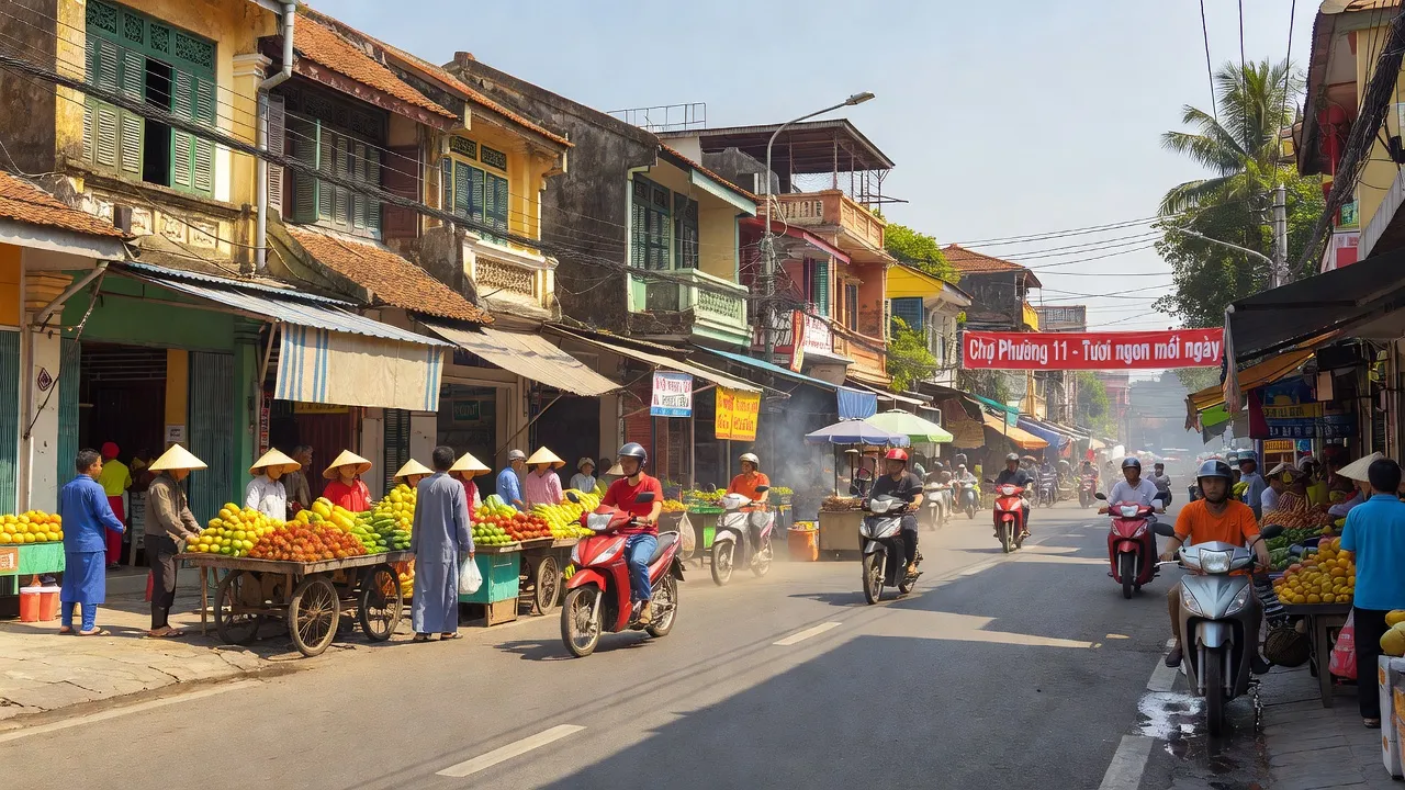 Khung cảnh sôi động ở Phường 11, Gò Vấp, Hồ Chí Minh, thể hiện cuộc sống và kiến trúc địa phương.