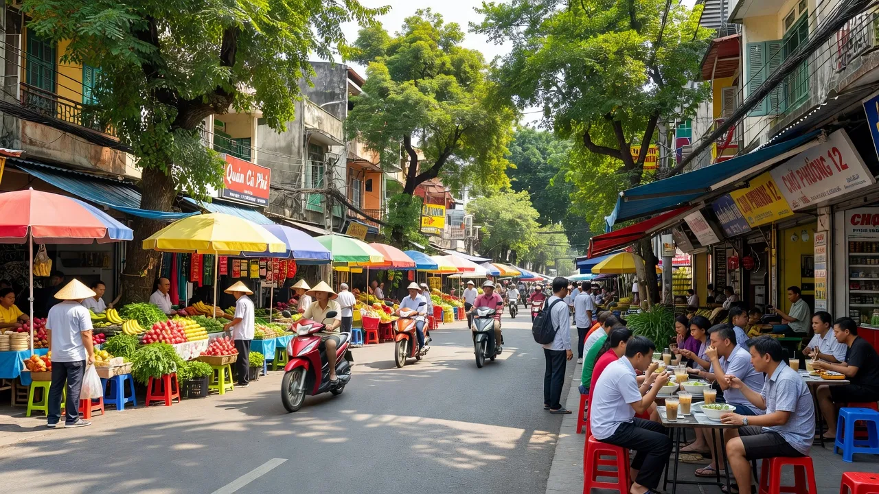 Cảnh phố Phường 12, Quận Gò Vấp, Thành phố Hồ Chí Minh với chợ và quán cà phê nhộn nhịp.