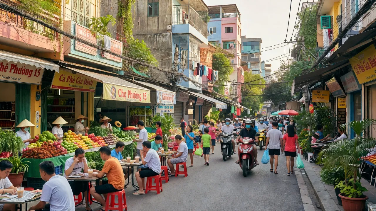 Cảnh đường phố sôi động tại Phường 15, Gò Vấp, Thành phố Hồ Chí Minh với các hoạt động cộng đồng.