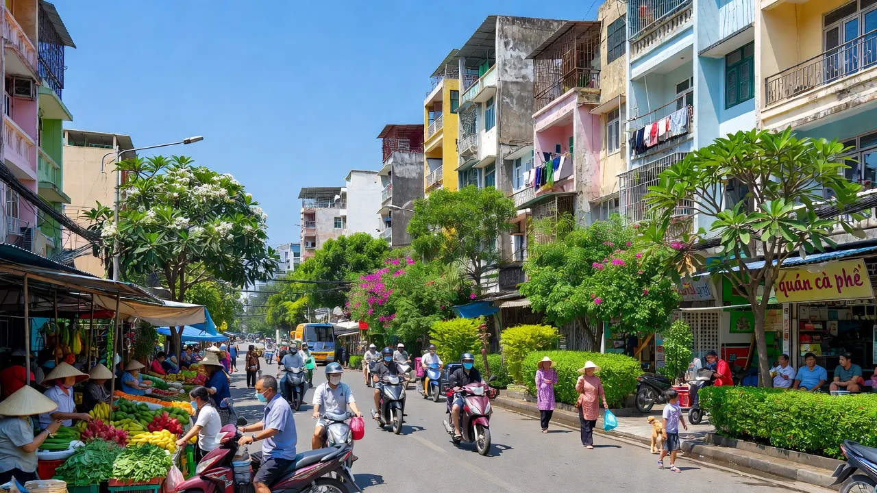 Khung cảnh nhộn nhịp tại Phường 16, Quận Gò Vấp, Thành phố Hồ Chí Minh với chợ và nhà cao tầng.