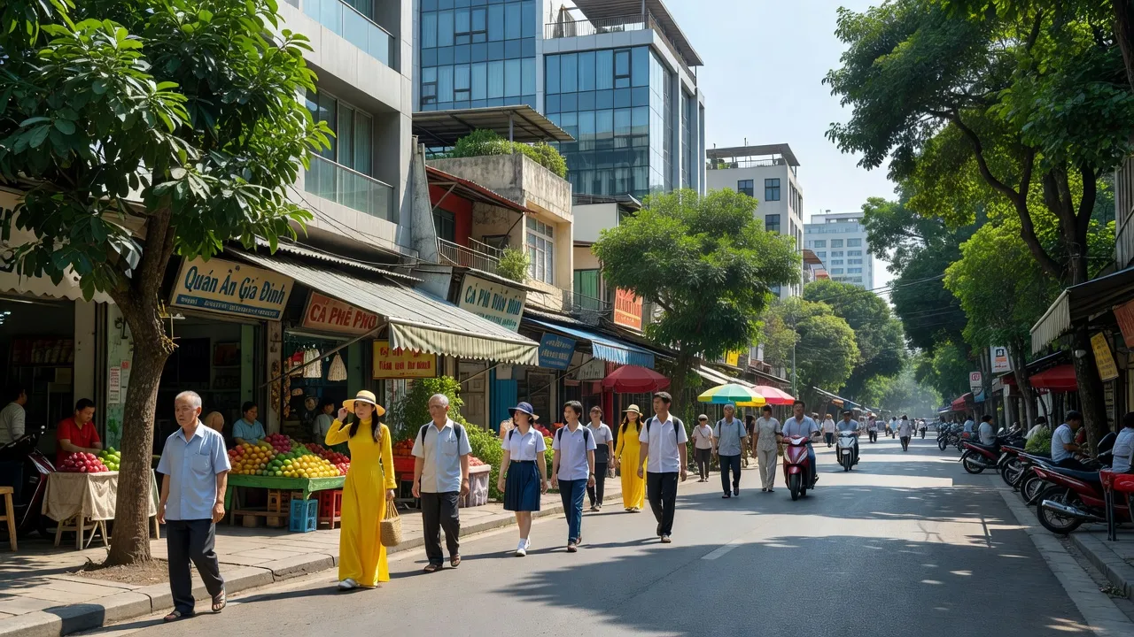 Cảnh phố Phường 10, Quận Phú Nhuận, Thành phố Hồ Chí Minh với cây xanh và người đi bộ.