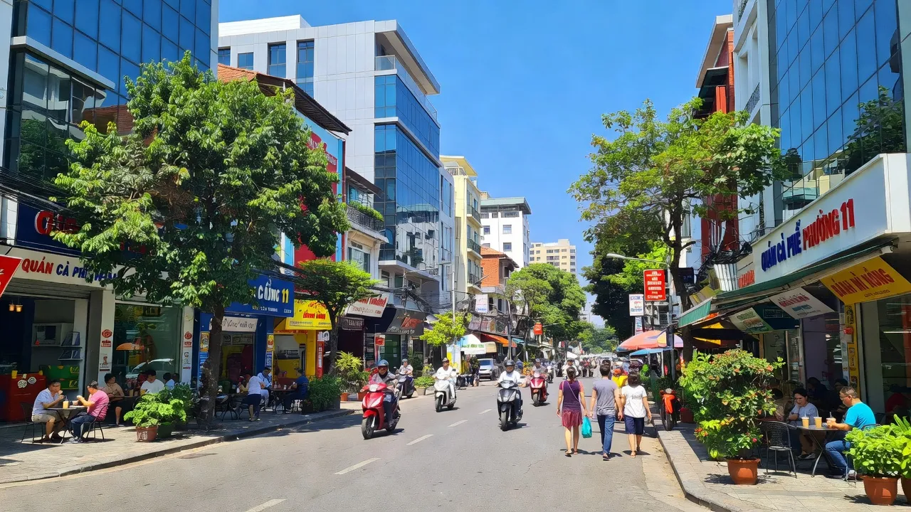 Phường 11, Quận Phú Nhuận's lively street scene with local cafes and greenery, Ho Chi Minh City.