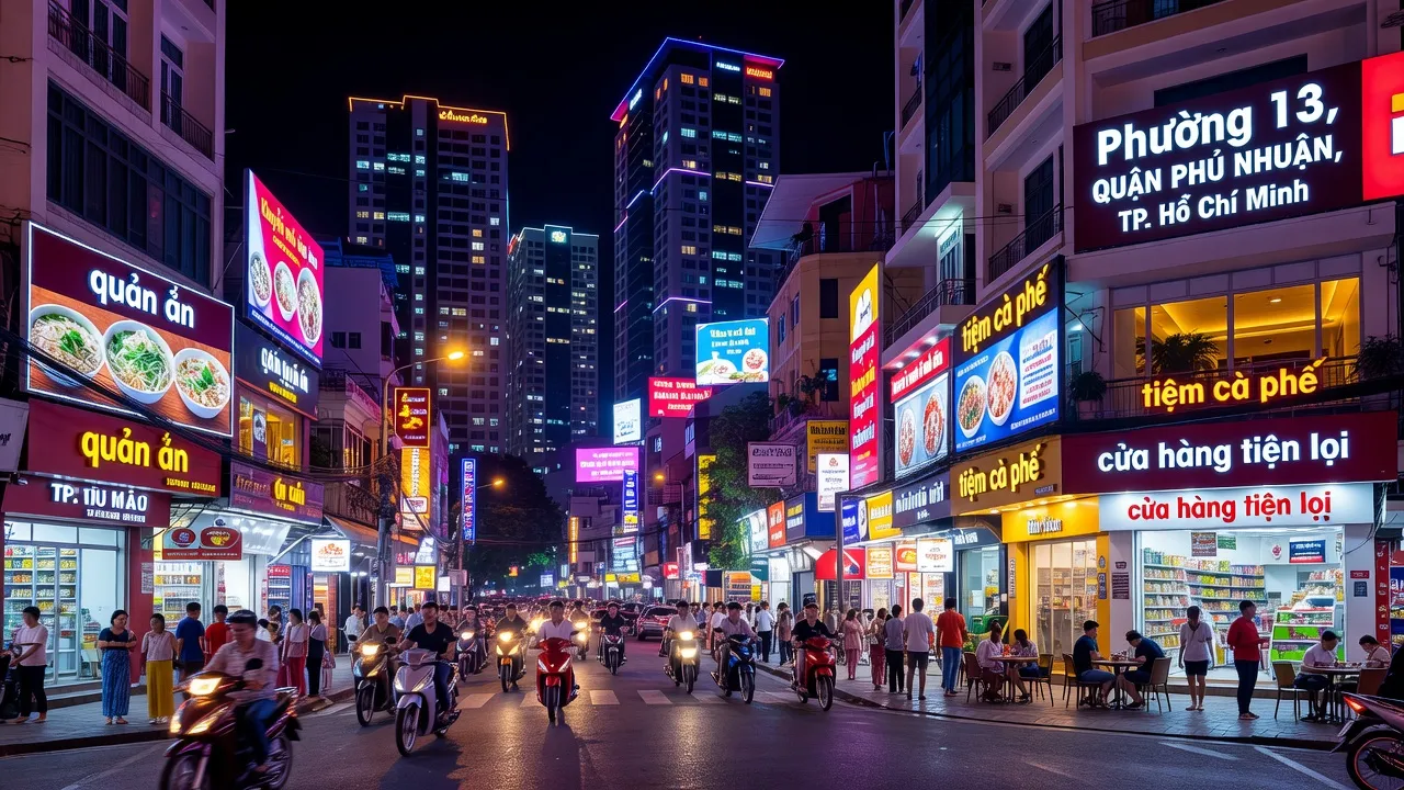 Khung cảnh đông đúc của Phường 13, Quận Phú Nhuận, Thành phố Hồ Chí Minh vào buổi tối.