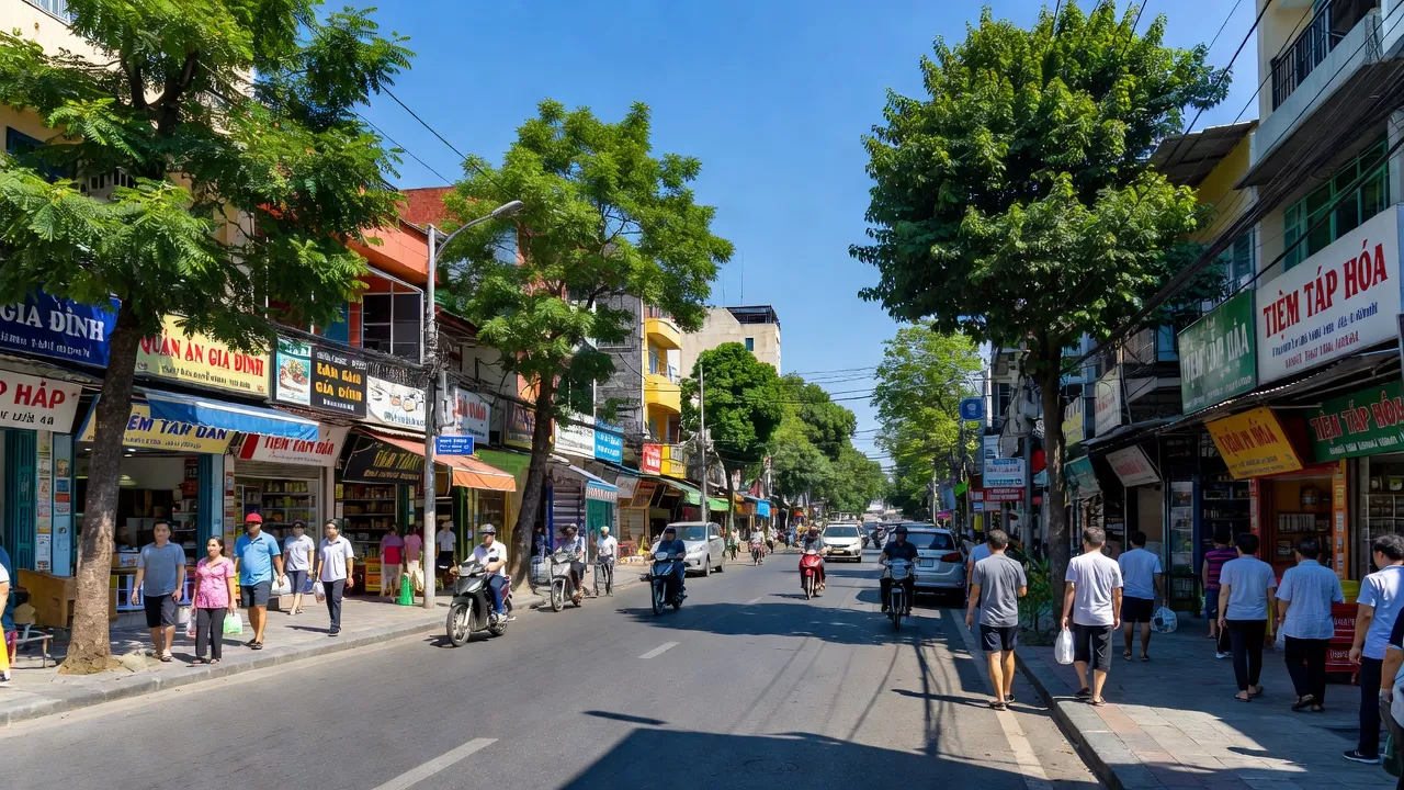 Khung cảnh sống động của Phường 4, Quận Phú Nhuận, Hồ Chí Minh với đường phố đông đúc, cửa hàng địa phương và cây xanh.