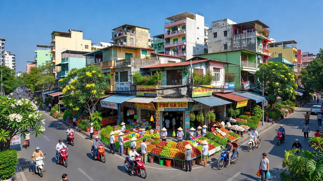 Phường 14, Tân Bình, Hồ Chí Minh với khung cảnh đô thị đông đúc và giao thông nhộn nhịp.