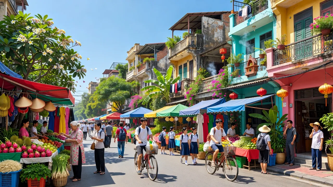 Cảnh sinh hoạt sôi động tại Phường 5, Quận Tân Bình, Thành phố Hồ Chí Minh với kiến trúc địa phương.